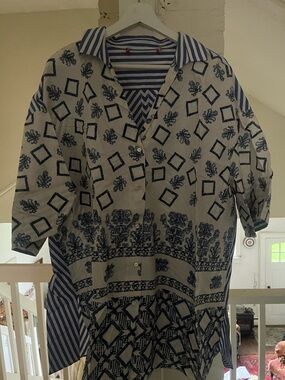 Blue and White Patterned Button-Up Tunic